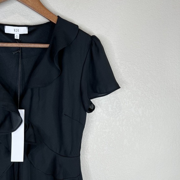 NSR Cheri Dress Size Small Black Short Sleeve Ruffle Trim Chiffon V Neck USA NWT - Picture 3 of 12